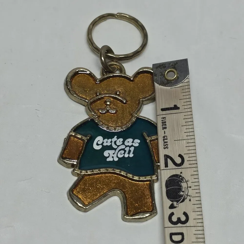 Vintage 80s Cute As Hell Teddy Bear Metal Keychain Key Ring Gold Green